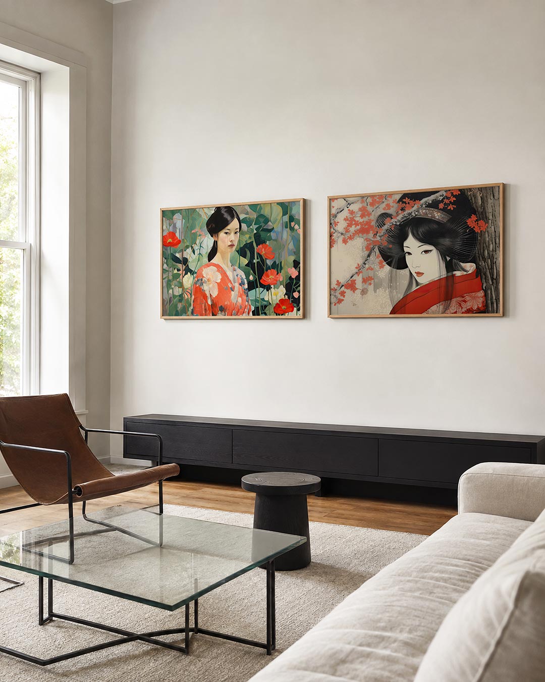 Twee liggende posters met een vrouw in een kleurrijke kimono, aan de muur in een interieur