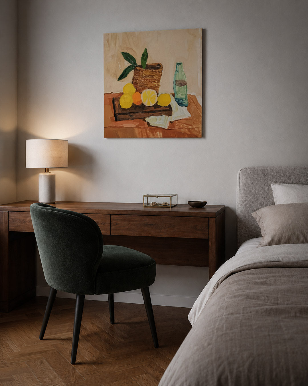 Fruit en fles compositie Kunstwerk
