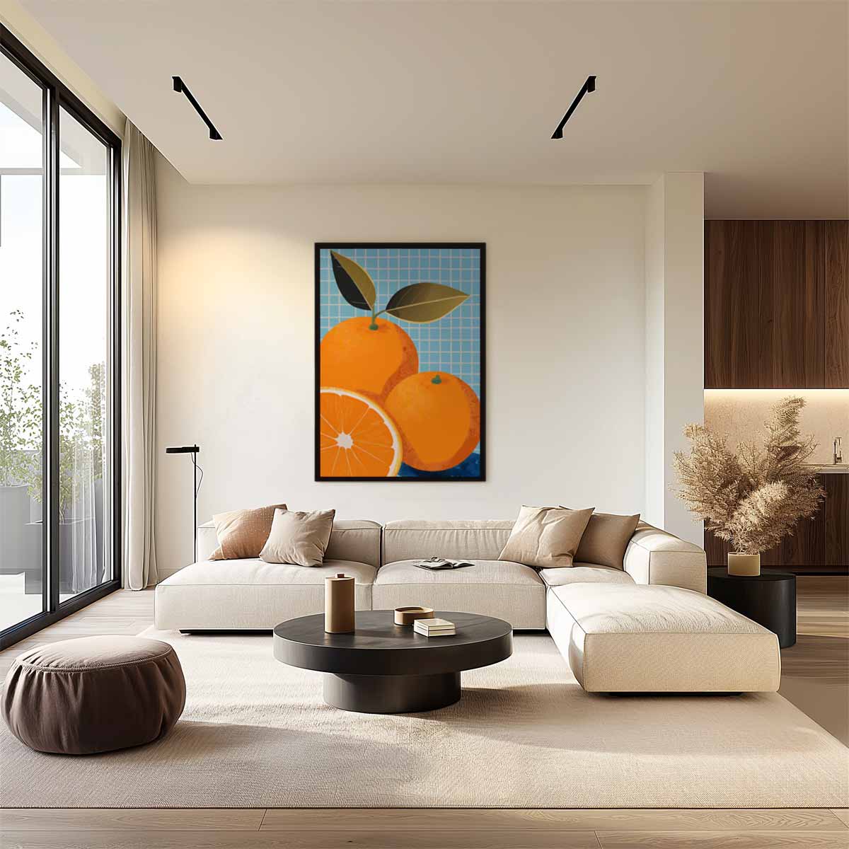 Vrolijke Sinaasappels op Blauw Kunstwerk-canvas-dibond-plexiglas-wanddecoratie-WallArtistic