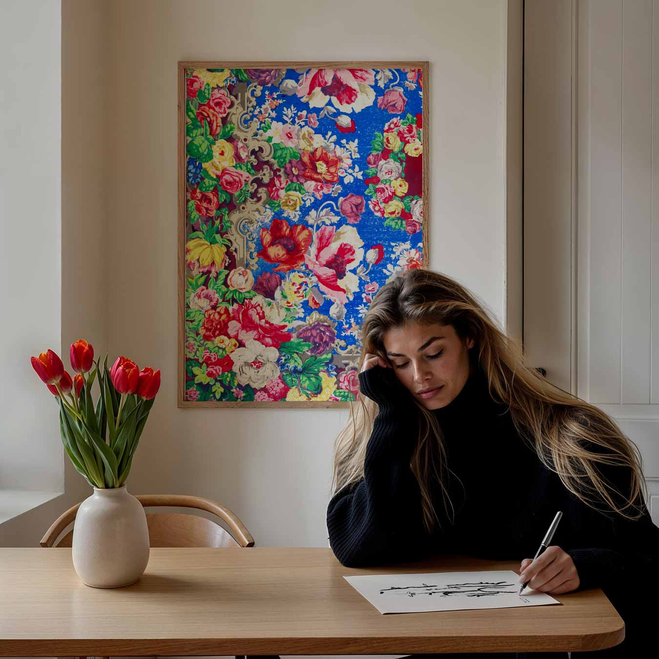 Bloemenpracht op een Hemelsblauwe Achtergrond Poster