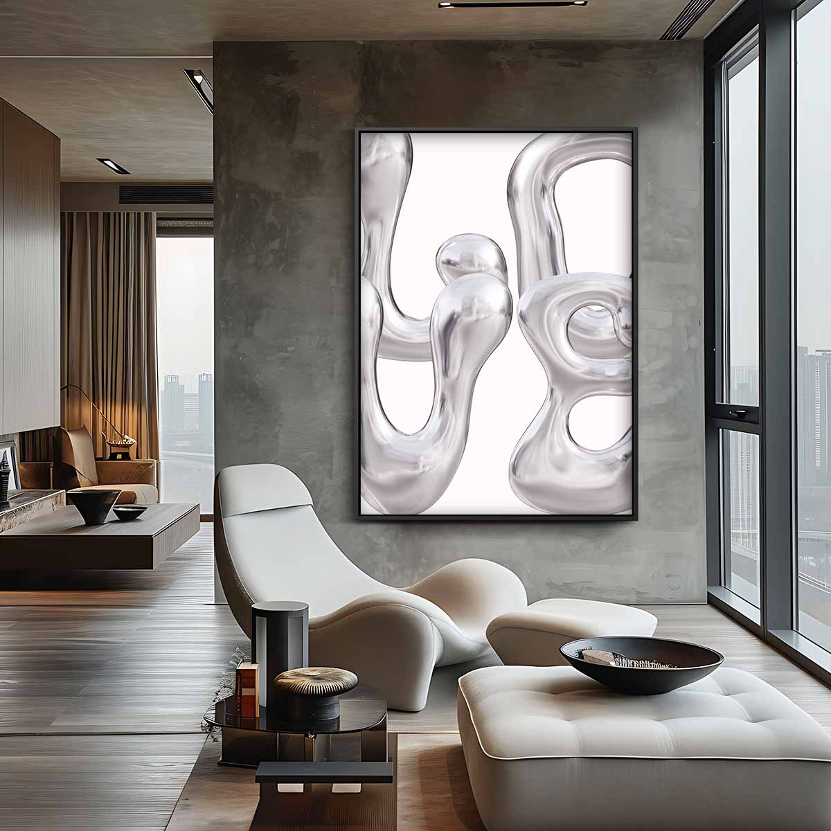 Vloeiende Zilveren Golven Kunstwerk-canvas-dibond-plexiglas-wanddecoratie-WallArtistic