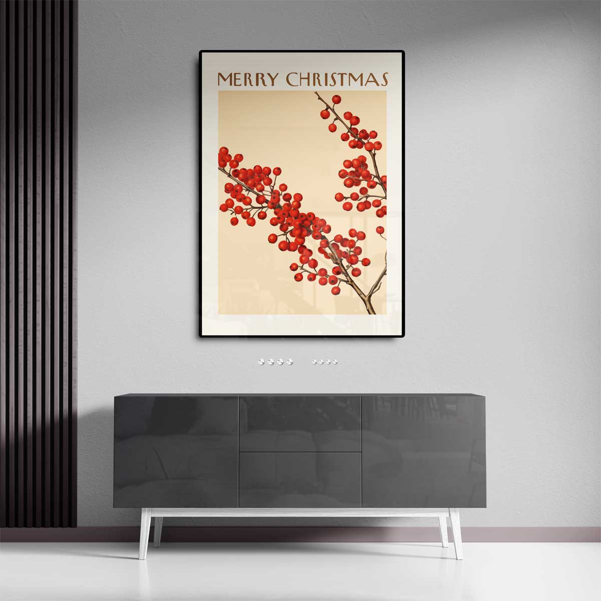 Vintage Kerstkaart met Rode Bessen Kunstwerk-canvas-dibond-plexiglas-wanddecoratie-WallArtistic