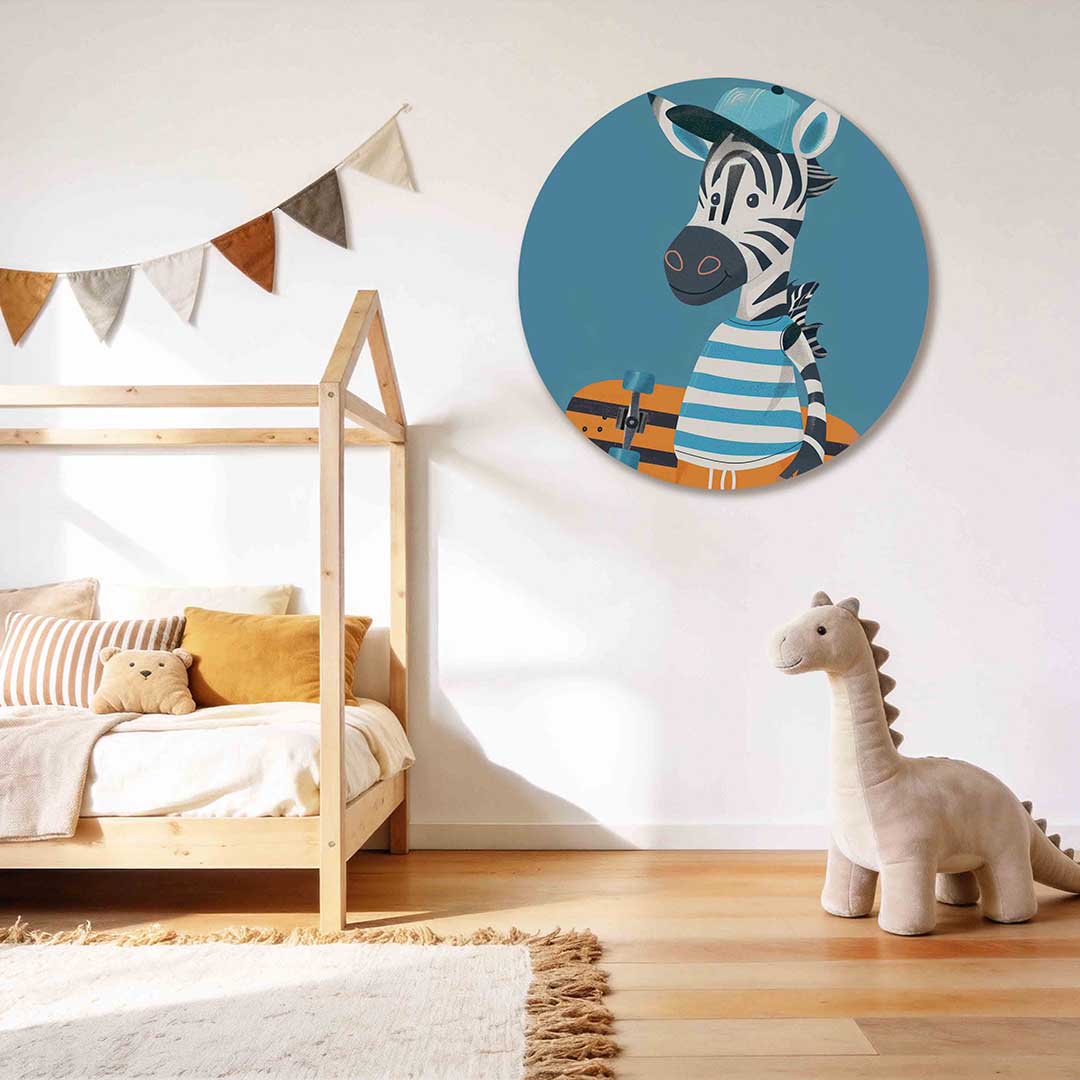 Zebra met skateboard Muurcirkel