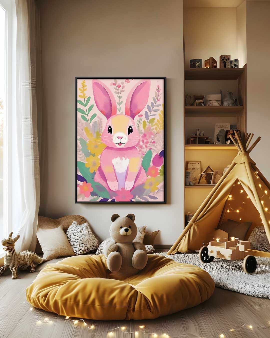 Vrolijk Konijn in de Bloemenweide Kunstwerk-canvas-dibond-plexiglas-wanddecoratie-WallArtistic