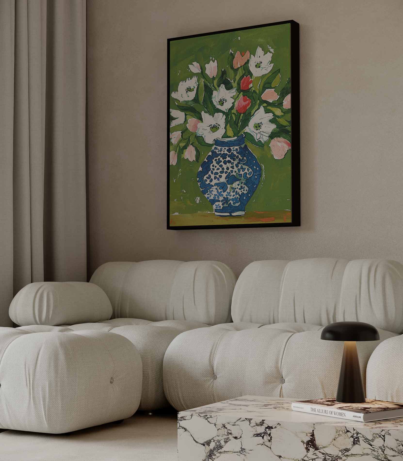 Bloemen in Blauwe Vaas Kunstwerk-canvas-dibond-plexiglas-wanddecoratie-WallArtistic