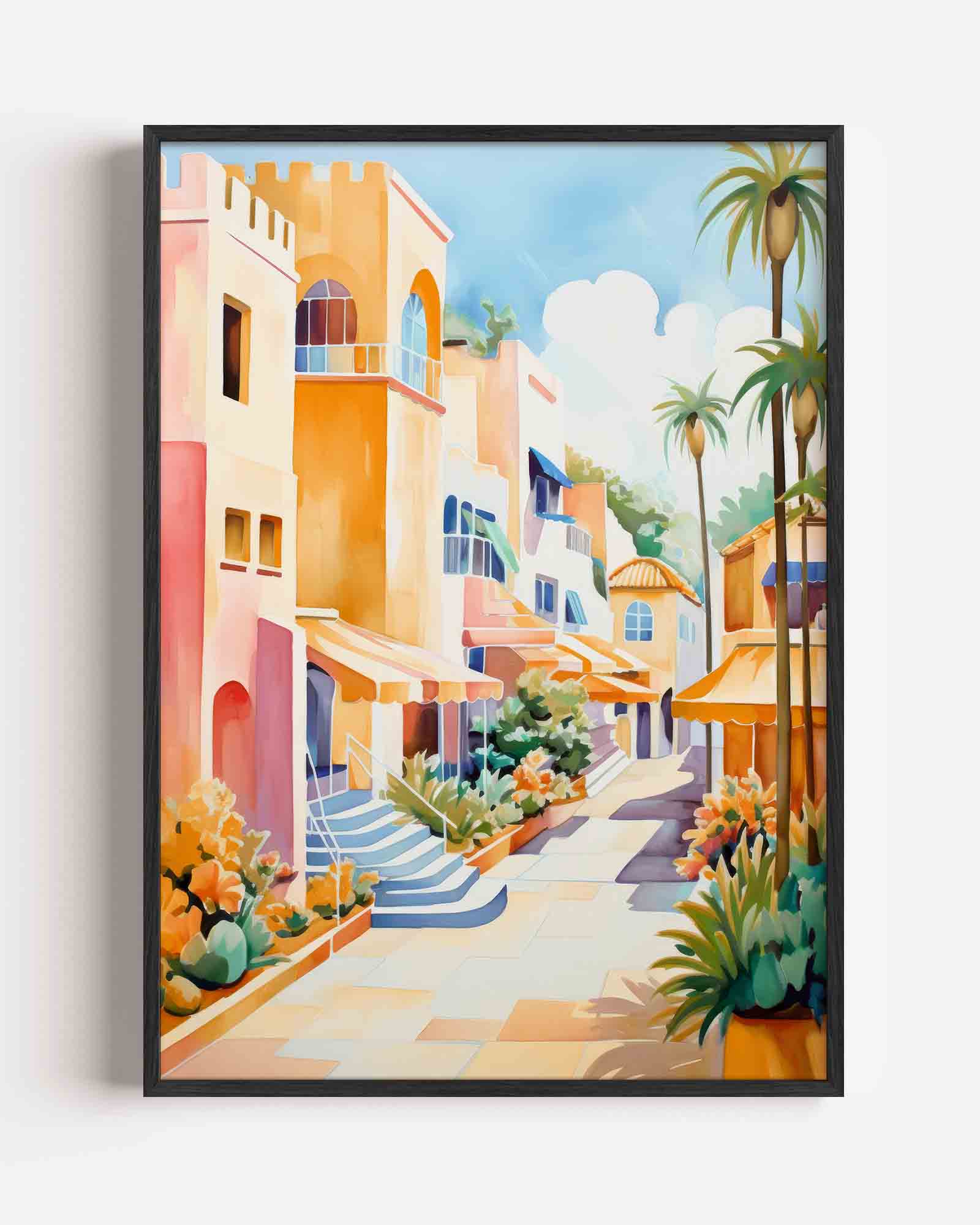 Zonnige straat met palmbomen Poster