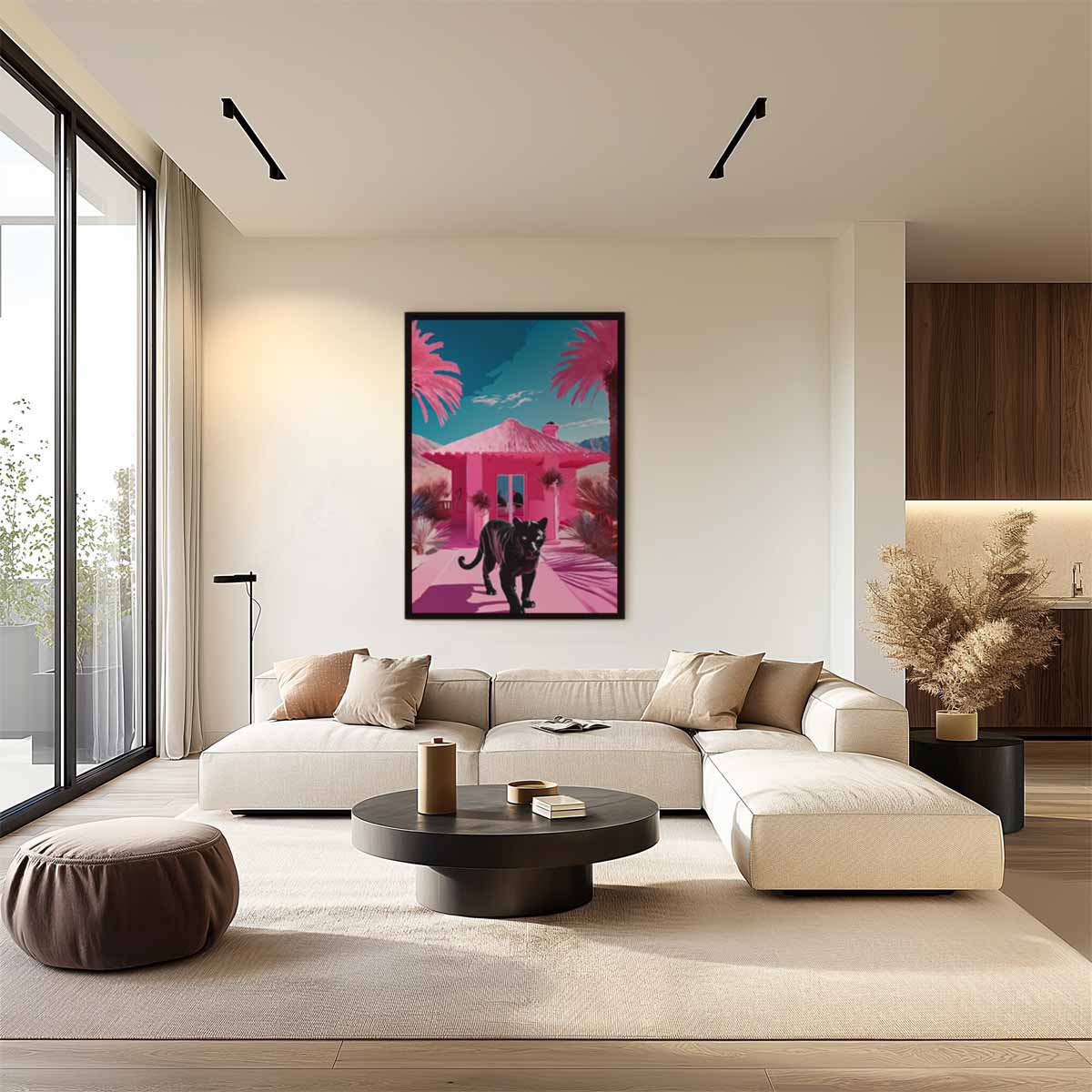 Panther in een Roze Paradijs Kunstwerk-canvas-dibond-plexiglas-wanddecoratie-WallArtistic