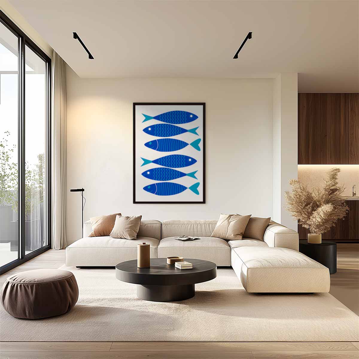 Vrolijke Blauwe Vissenschilderij Kunstwerk-canvas-dibond-plexiglas-wanddecoratie-WallArtistic