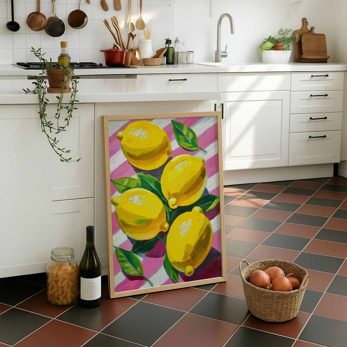Vrolijke Citroenen op Roze Strepen Poster