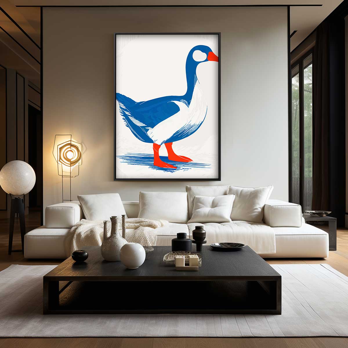 Stijlvolle Eend in Blauw en Rood Kunstwerk-canvas-dibond-plexiglas-wanddecoratie-WallArtistic