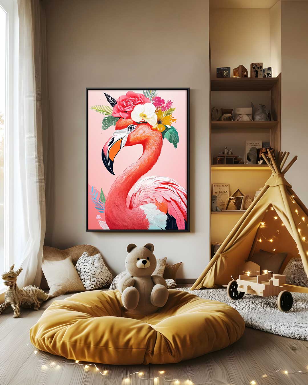 Bloemrijke Flamingo Kunstwerk-canvas-dibond-plexiglas-wanddecoratie-WallArtistic