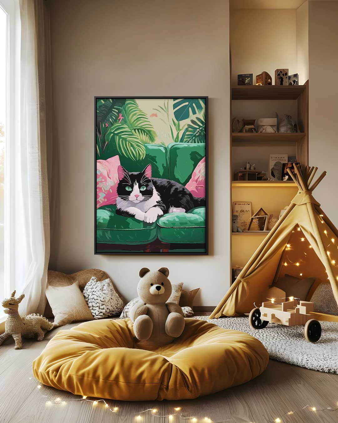 Relaxende Kat in Groene Jungle Kunstwerk-canvas-dibond-plexiglas-wanddecoratie-WallArtistic