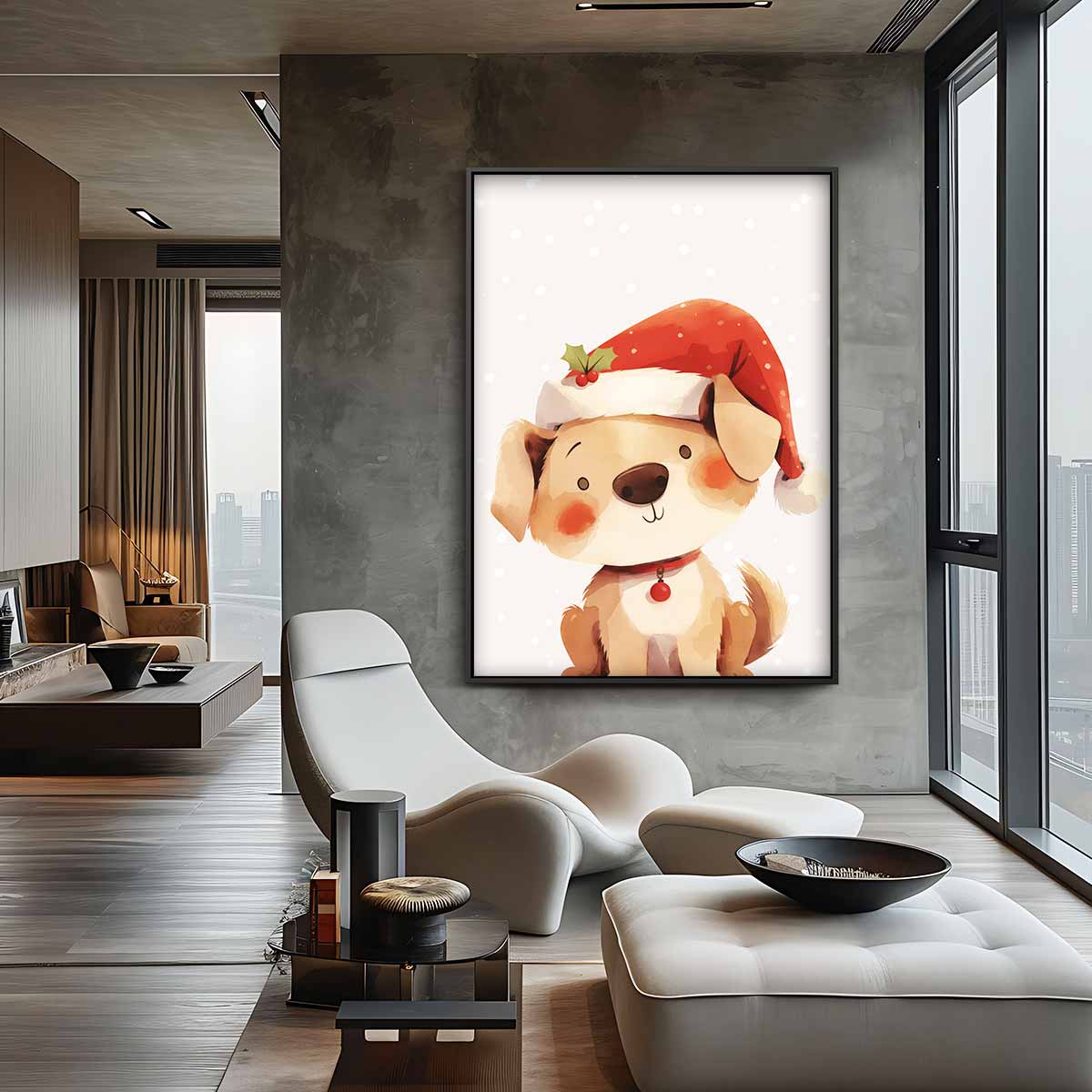 Kerstige Hond met Kerstmuts Kunstwerk-canvas-dibond-plexiglas-wanddecoratie-WallArtistic