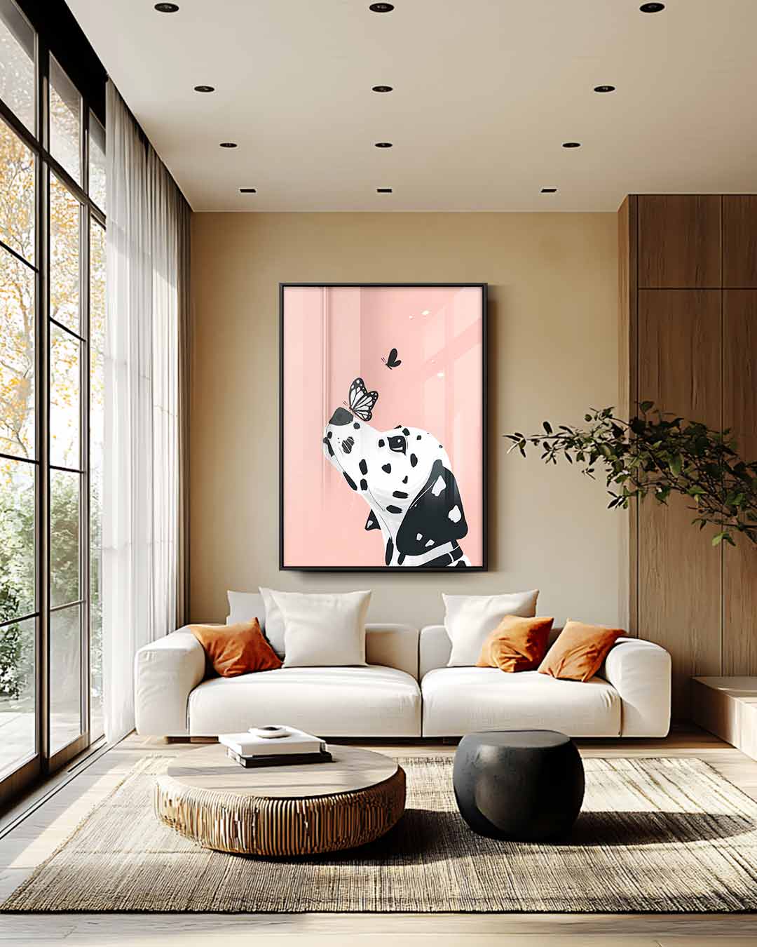 Dalmatier en Vlinder op Zachtroze Kunstwerk-canvas-dibond-plexiglas-wanddecoratie-WallArtistic