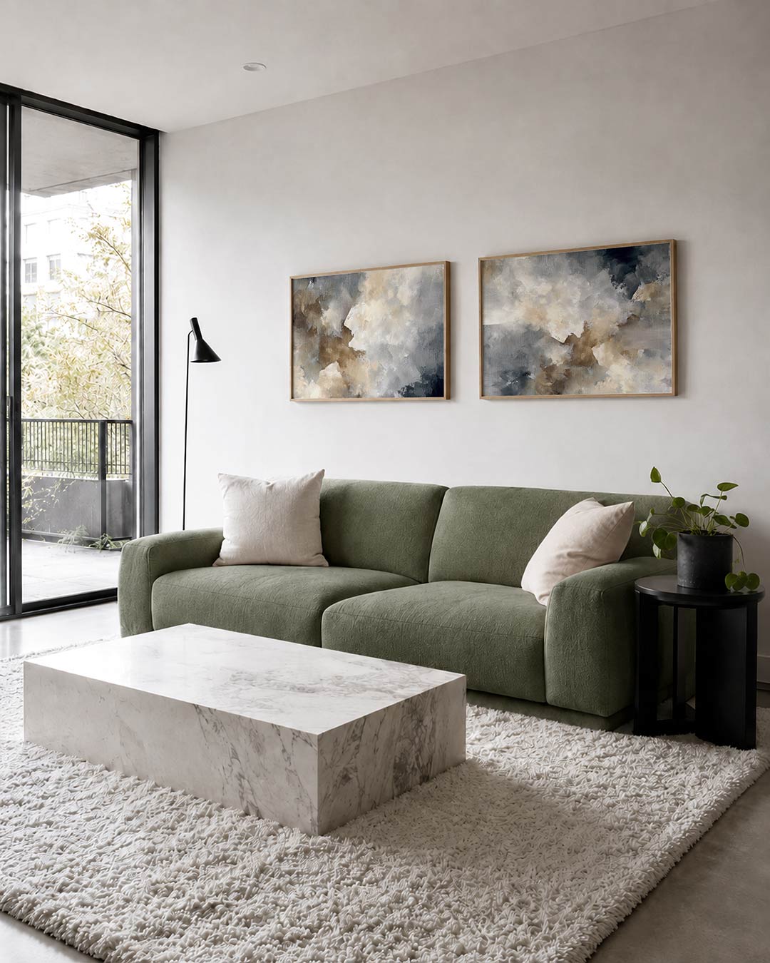Twee liggende posters met een zachte mengeling van beige, wit en grijs, aan de muur in een interieur