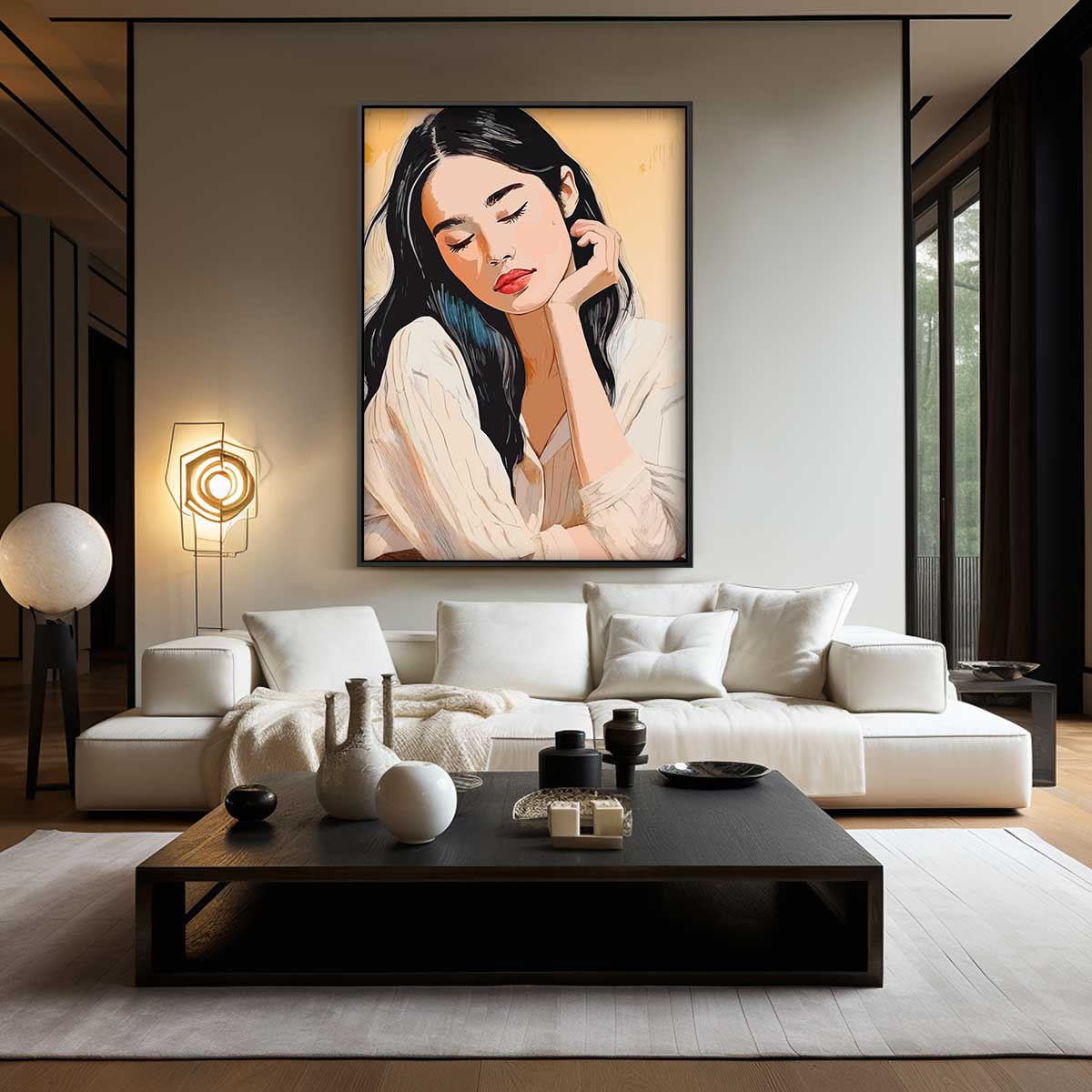 Dromerige Damesportret Kunstwerk-canvas-dibond-plexiglas-wanddecoratie-WallArtistic