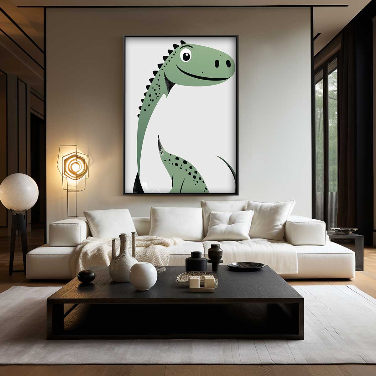 Vriendelijke Dino Illustratie Kunstwerk-canvas-dibond-plexiglas-wanddecoratie-WallArtistic