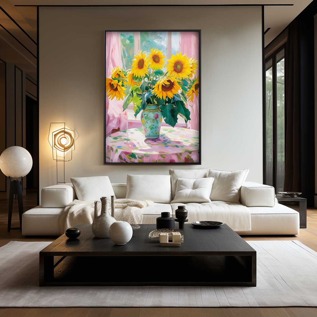 Zonnige Zonnebloemen in Vensterlicht Kunstwerk-canvas-dibond-plexiglas-wanddecoratie-WallArtistic