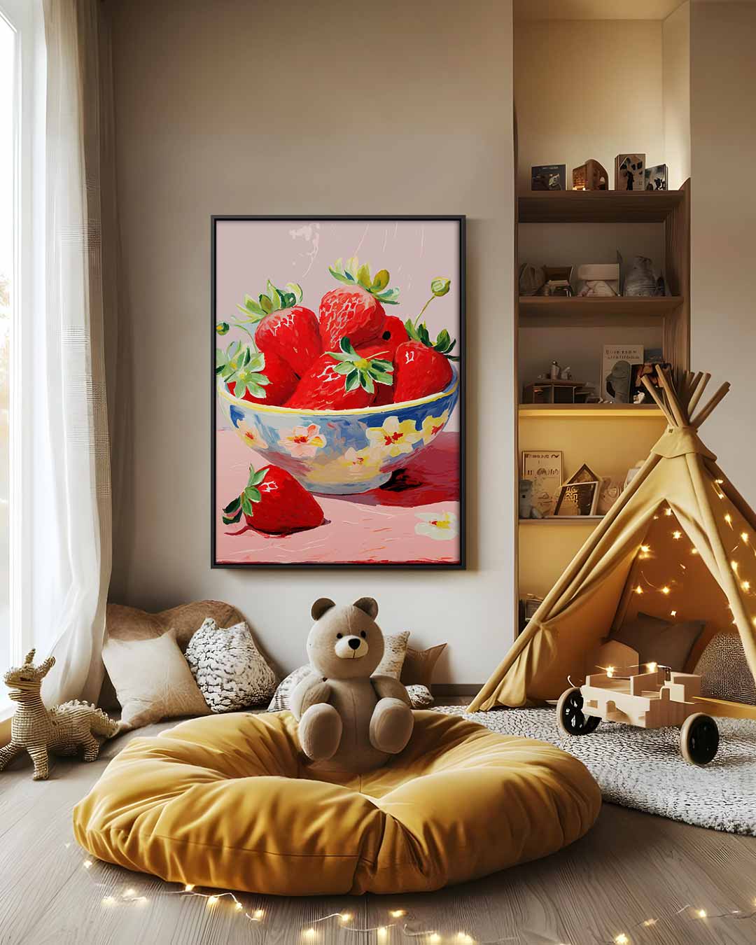 Aardbeien in Bloemenschotel Kunstwerk-canvas-dibond-plexiglas-wanddecoratie-WallArtistic