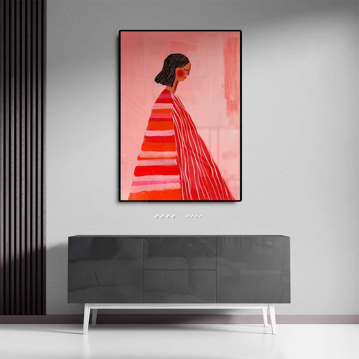 Vrouw in Roze en Rood Kunstwerk-canvas-dibond-plexiglas-wanddecoratie-WallArtistic