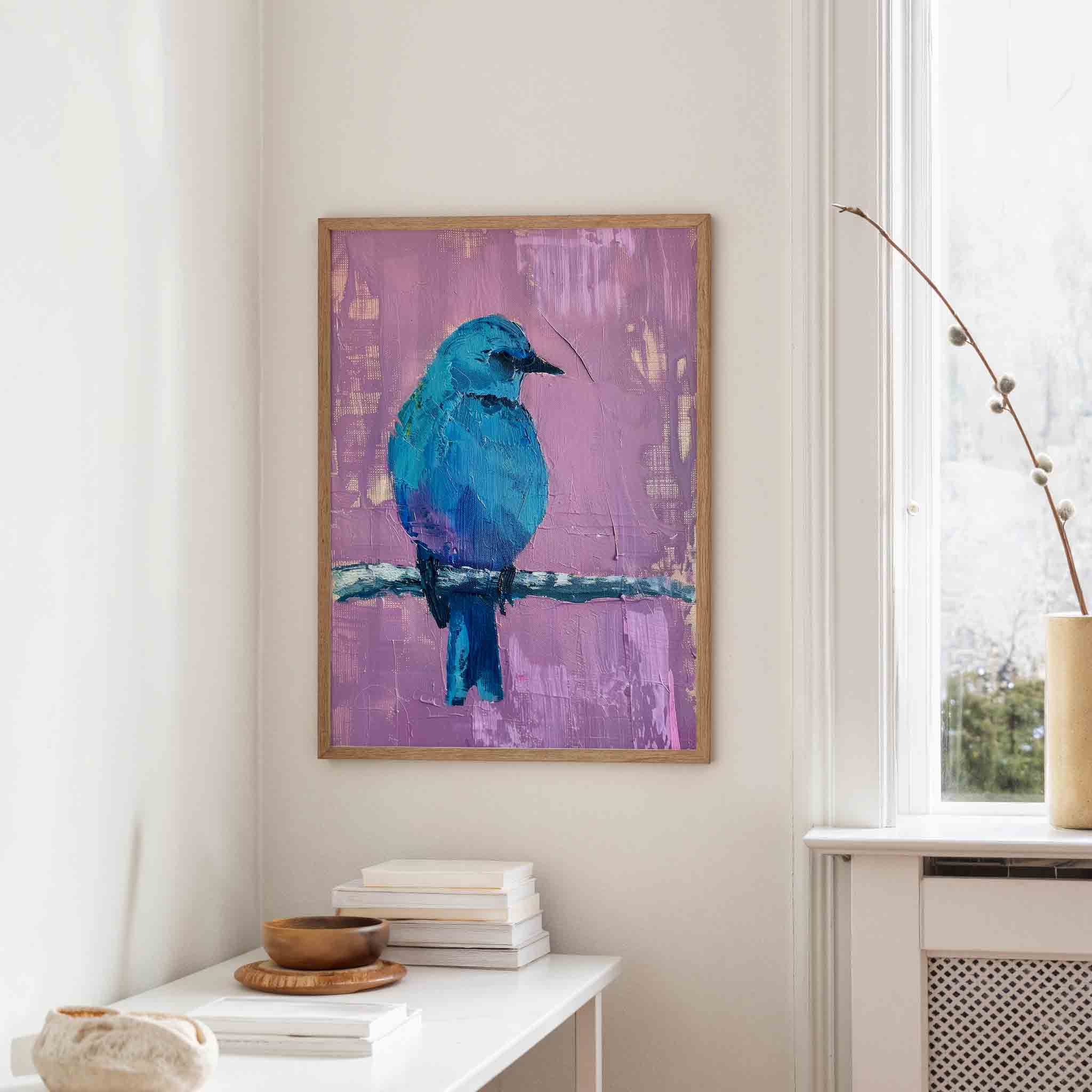 Blauwe vogel op tak Poster
