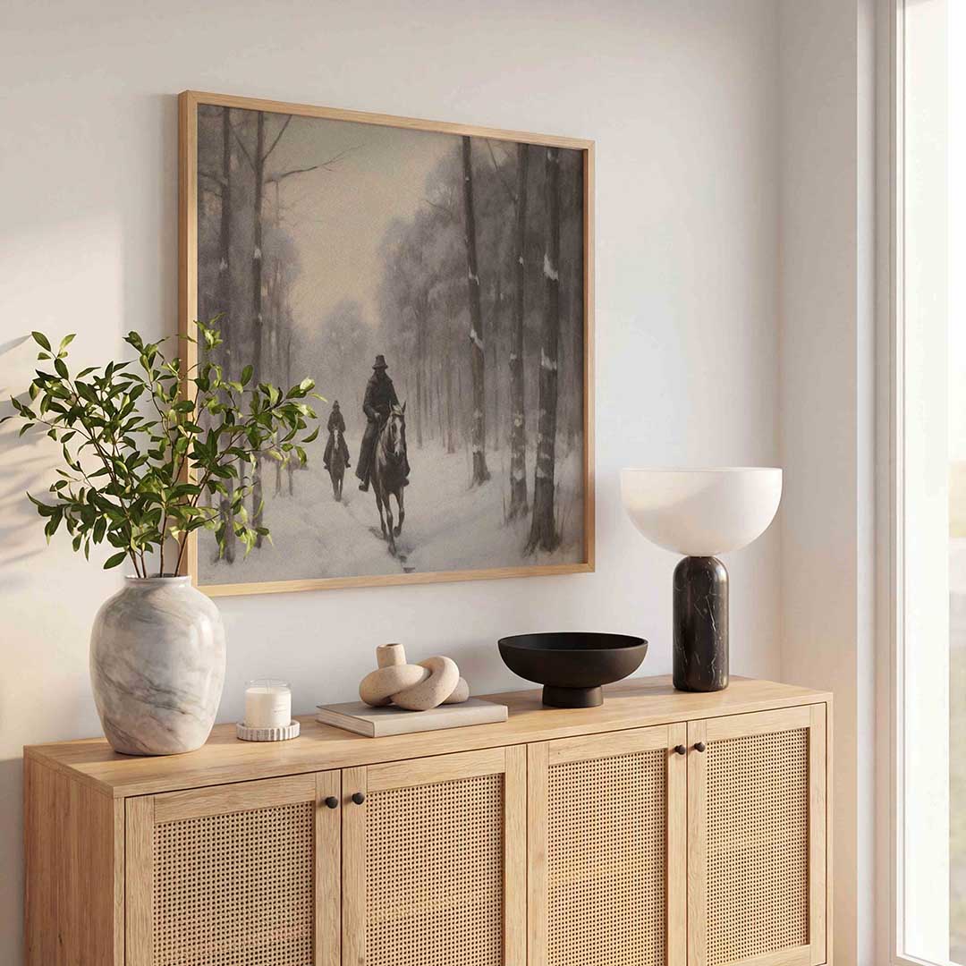 Ruiters in besneeuwd bos Poster