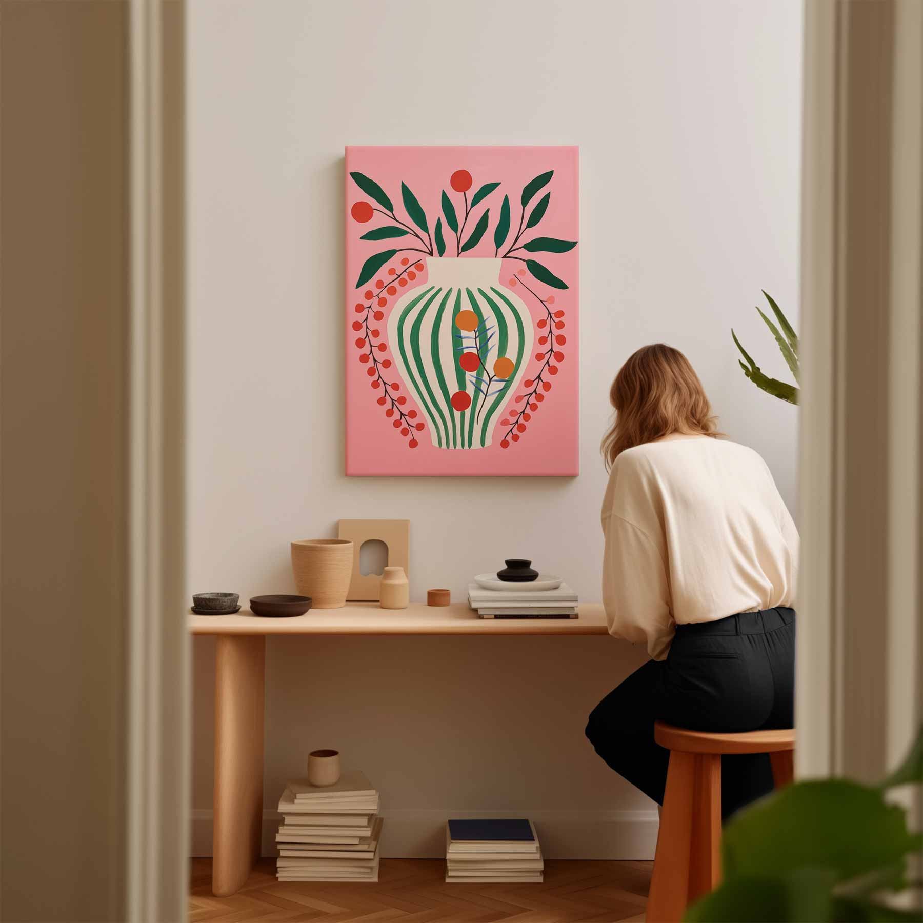 Vrolijke Vaas op Roze Achtergrond Kunstwerk-canvas-dibond-plexiglas-wanddecoratie-WallArtistic