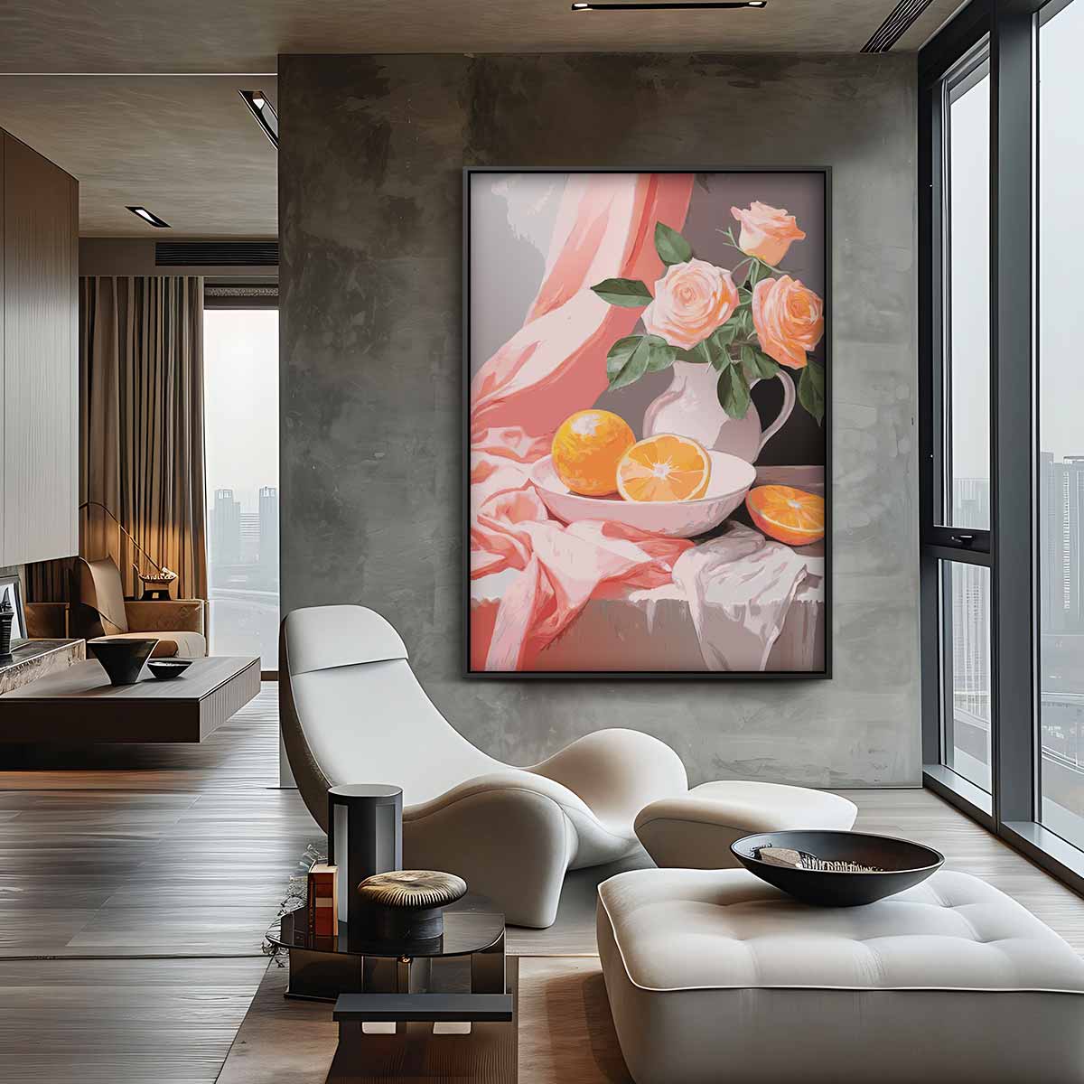 Bloemen en Sinaasappels Stillleven Kunstwerk-canvas-dibond-plexiglas-wanddecoratie-WallArtistic