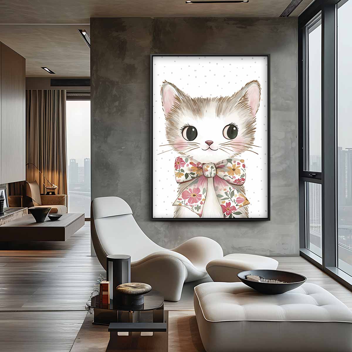 Schattige Kat met Bloemenstrik Kunstwerk-canvas-dibond-plexiglas-wanddecoratie-WallArtistic