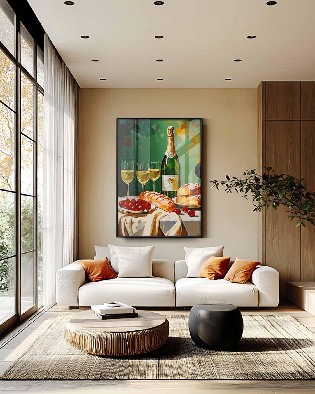 Luxe Stilleven met Champagne en Brood Kunstwerk-canvas-dibond-plexiglas-wanddecoratie-WallArtistic