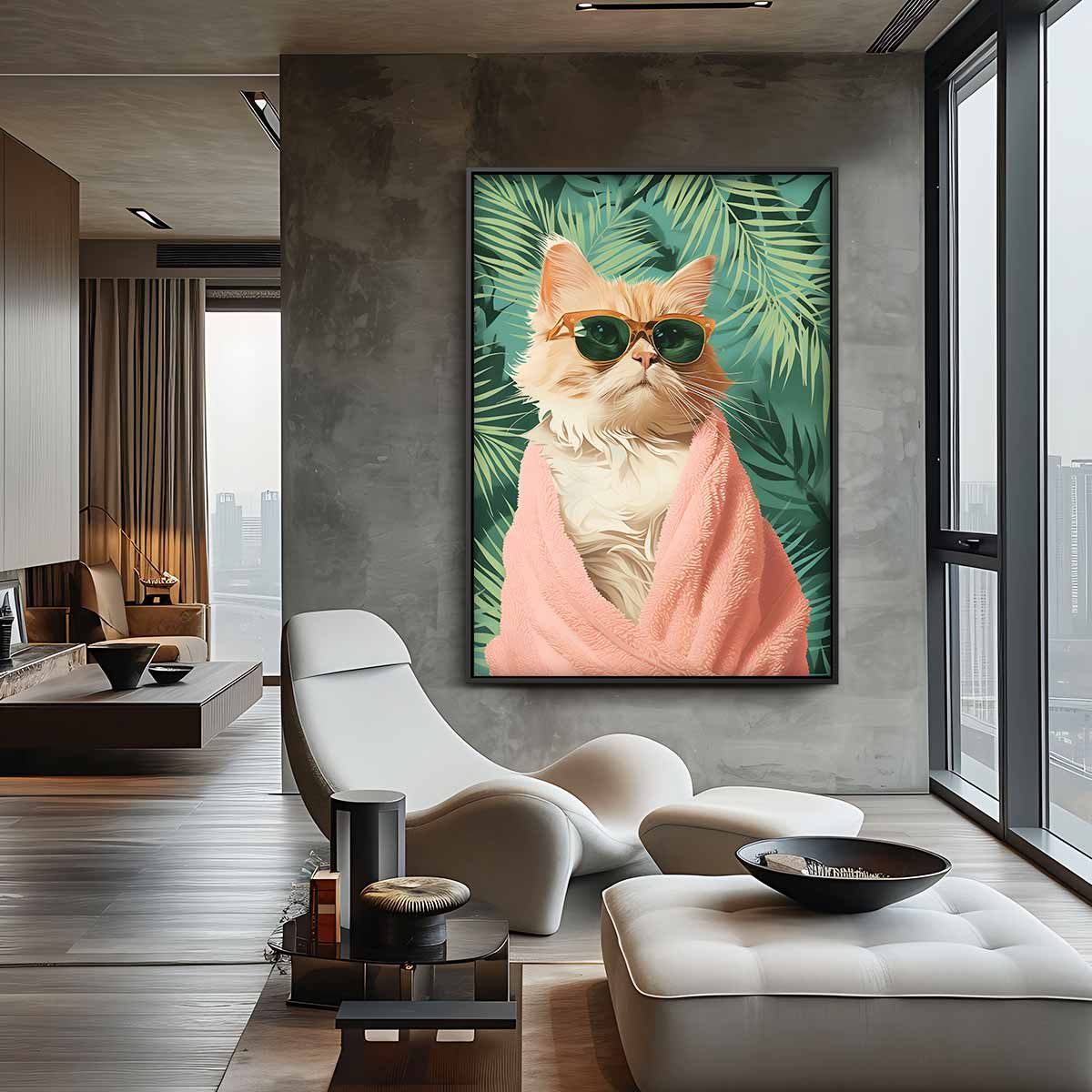 Trendy Kat met Zonnebril Kunstwerk-canvas-dibond-plexiglas-wanddecoratie-WallArtistic