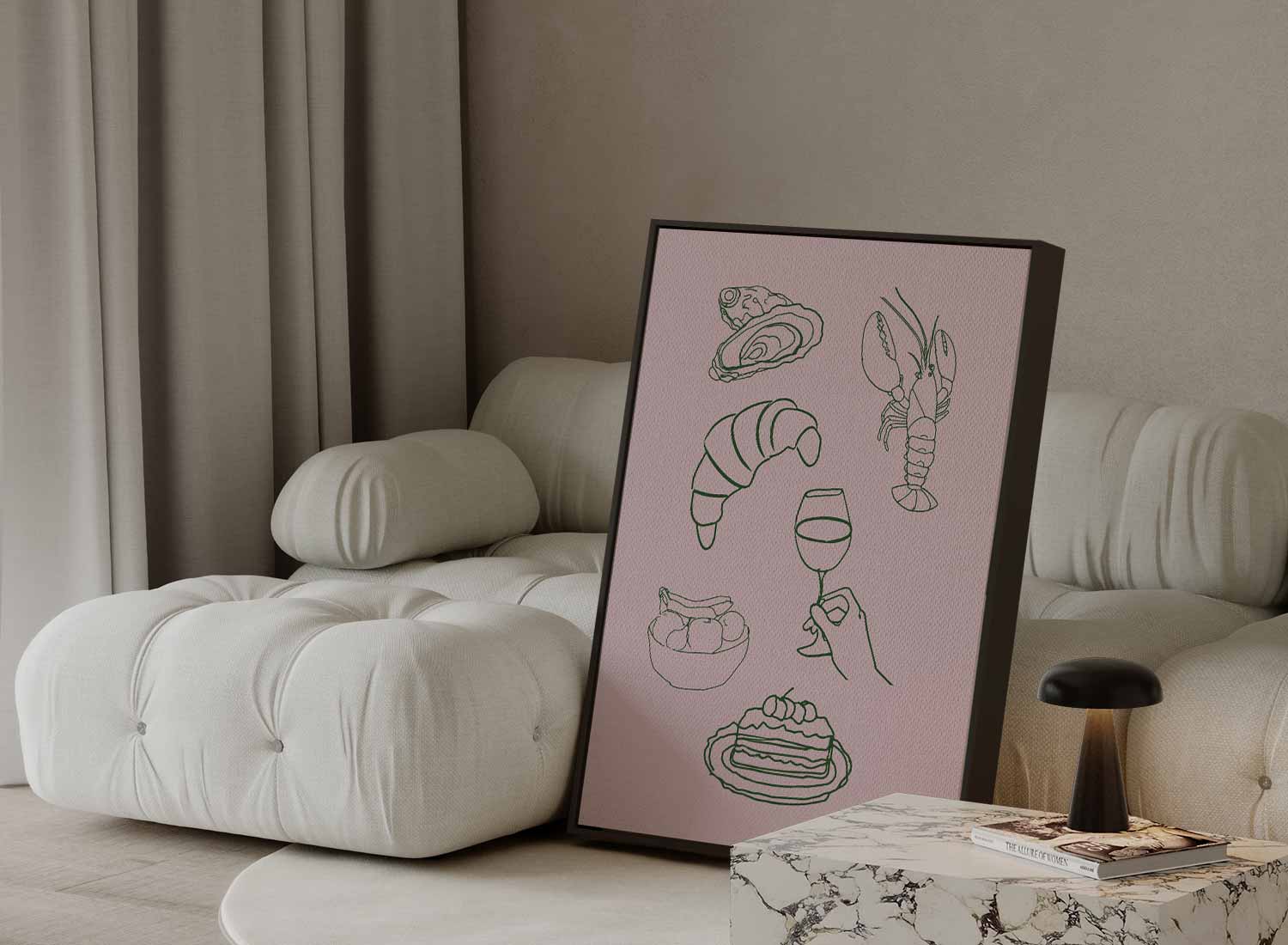Culinaire Illustratie op Roze Kunstwerk-canvas-dibond-plexiglas-wanddecoratie-WallArtistic