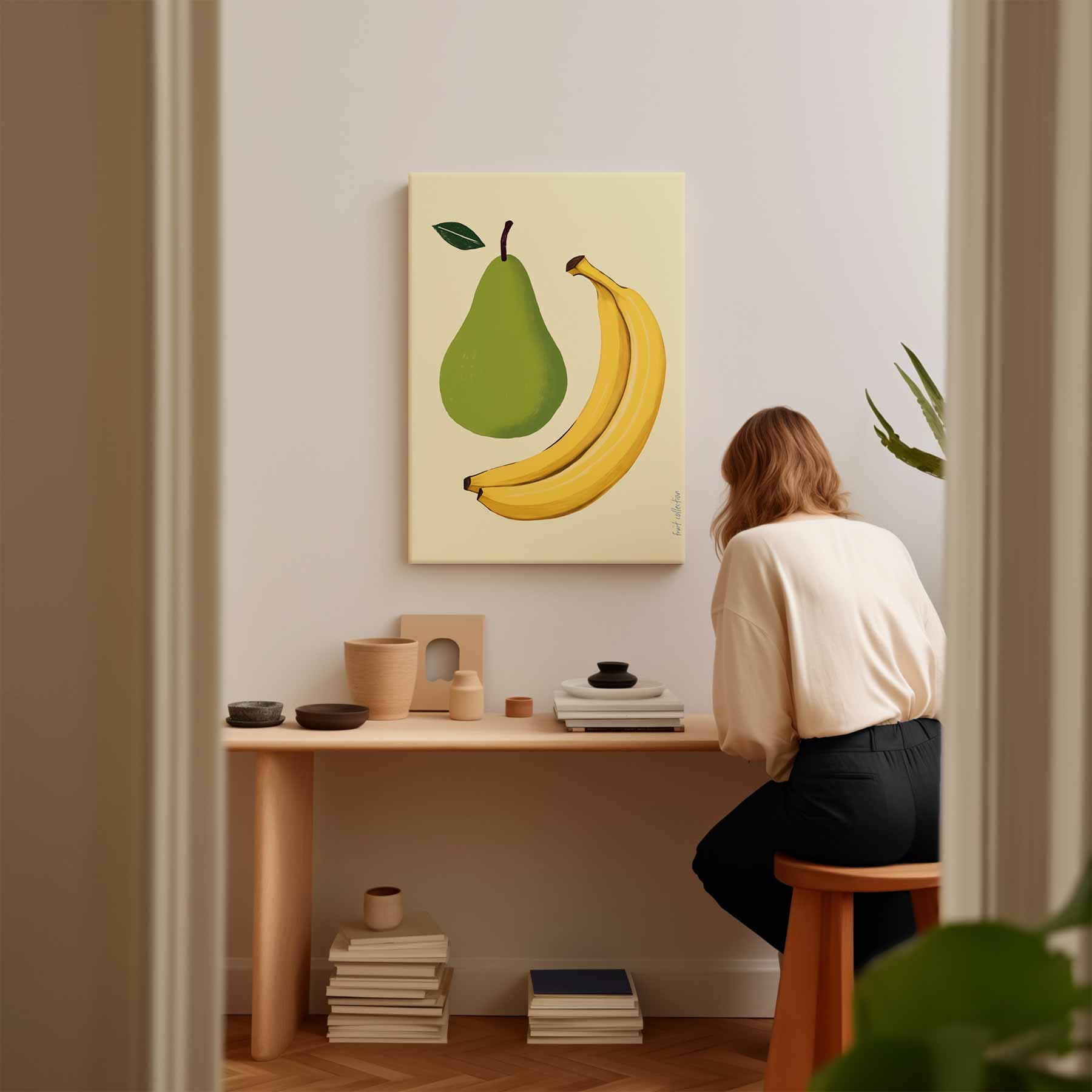 Speelse Perens en Bananen Illustratie Kunstwerk-canvas-dibond-plexiglas-wanddecoratie-WallArtistic