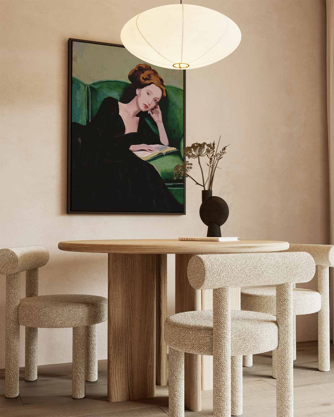 Dromerige Lezeres op Groene Bank Kunstwerk-canvas-dibond-plexiglas-wanddecoratie-WallArtistic
