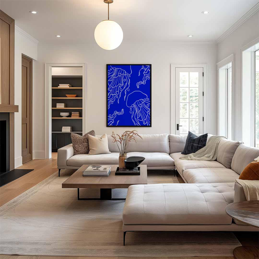 Dromerige Kwallen in Diepblauw Kunstwerk-canvas-dibond-plexiglas-wanddecoratie-WallArtistic