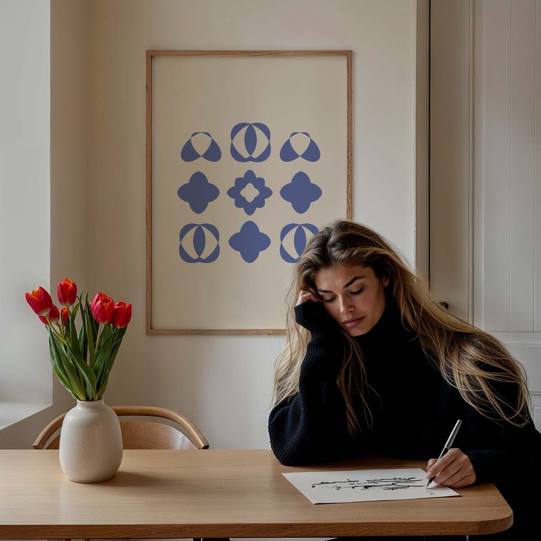 Moderne Blauwe Geometrische Bloemposter-WallArtistic