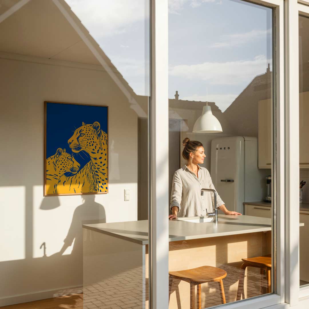 Sierlijke Jachtluipaarden in Blauw Poster-WallArtistic