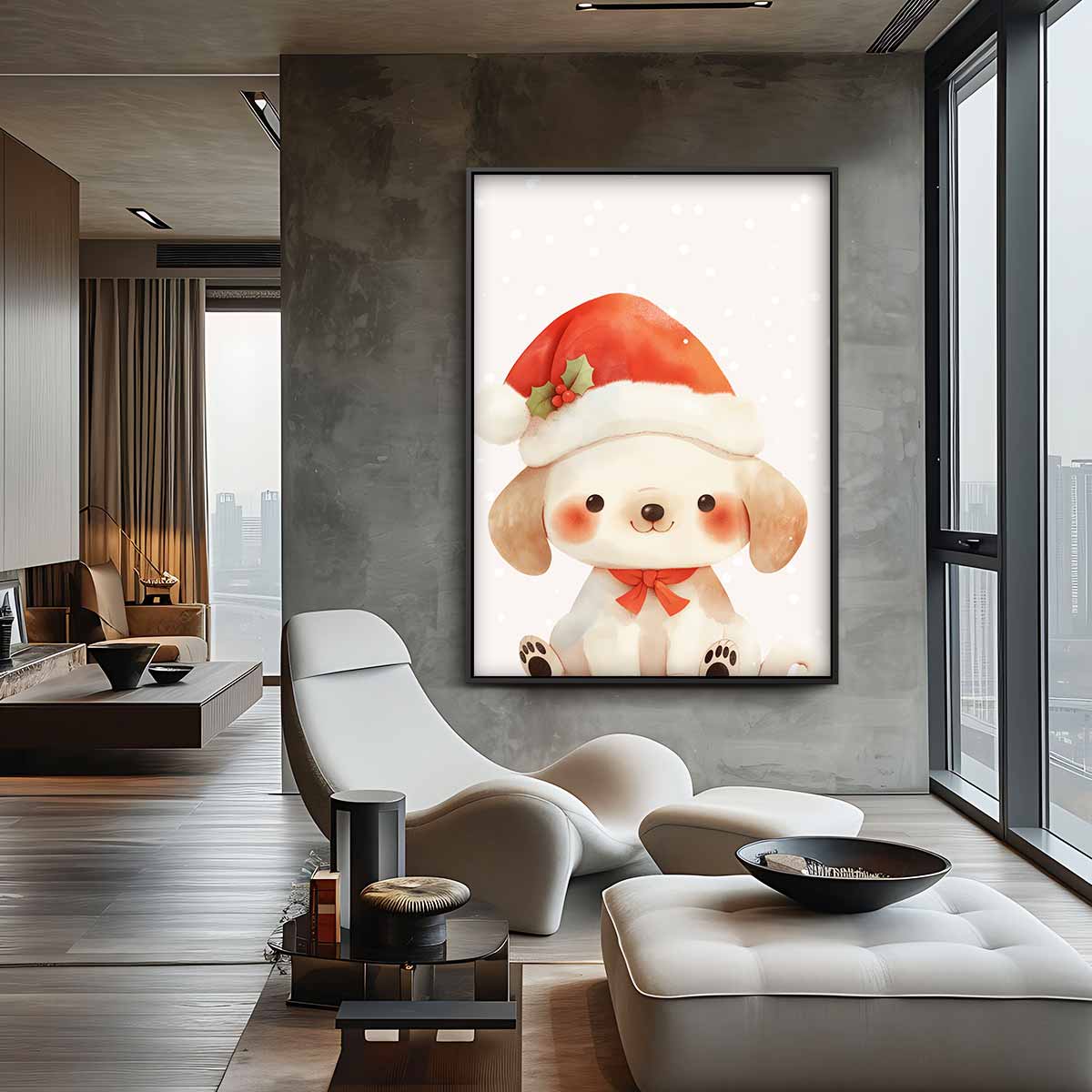 Kerst Puppy Illustratie Kunstwerk-canvas-dibond-plexiglas-wanddecoratie-WallArtistic