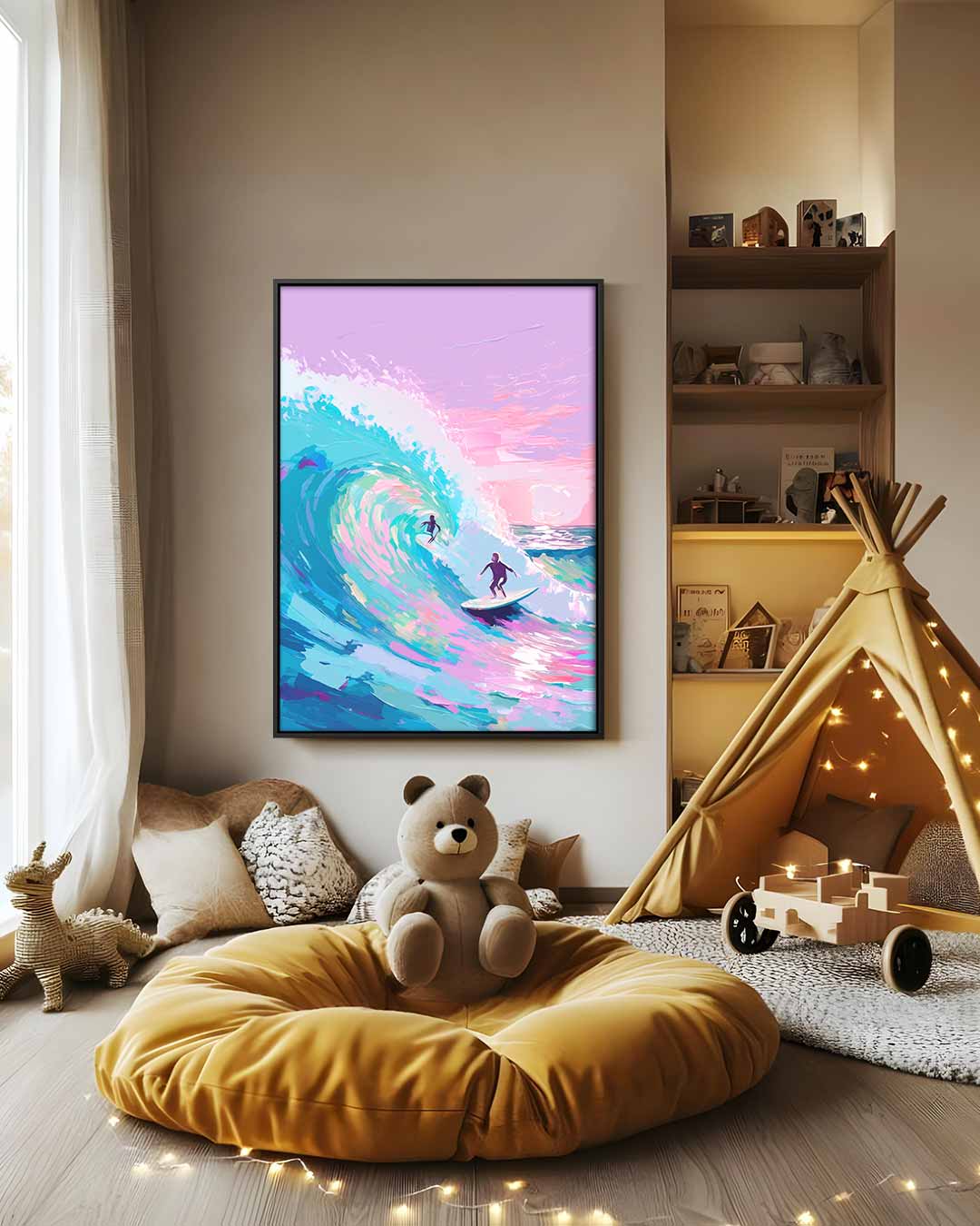 Surfen op Kleurrijke Golven Kunstwerk-canvas-dibond-plexiglas-wanddecoratie-WallArtistic