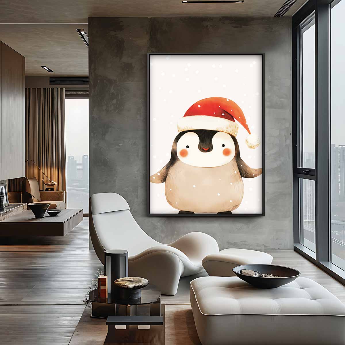 Schattige Kerstpinguïn Illustratie Kunstwerk-canvas-dibond-plexiglas-wanddecoratie-WallArtistic