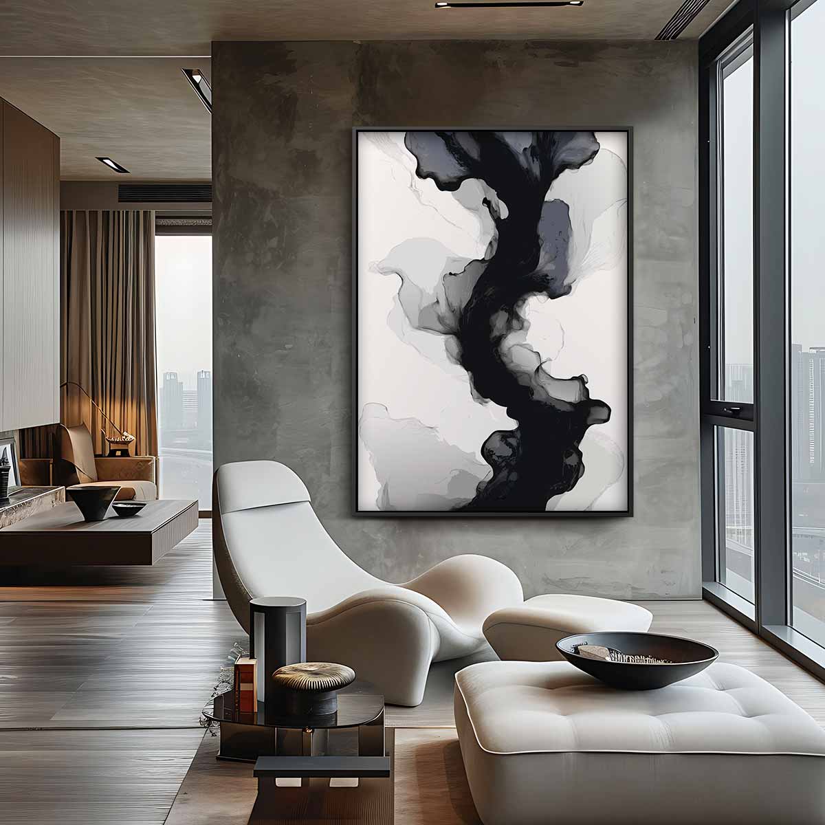 Abstracte Grijs-zwarte Stroming Kunstwerk-canvas-dibond-plexiglas-wanddecoratie-WallArtistic