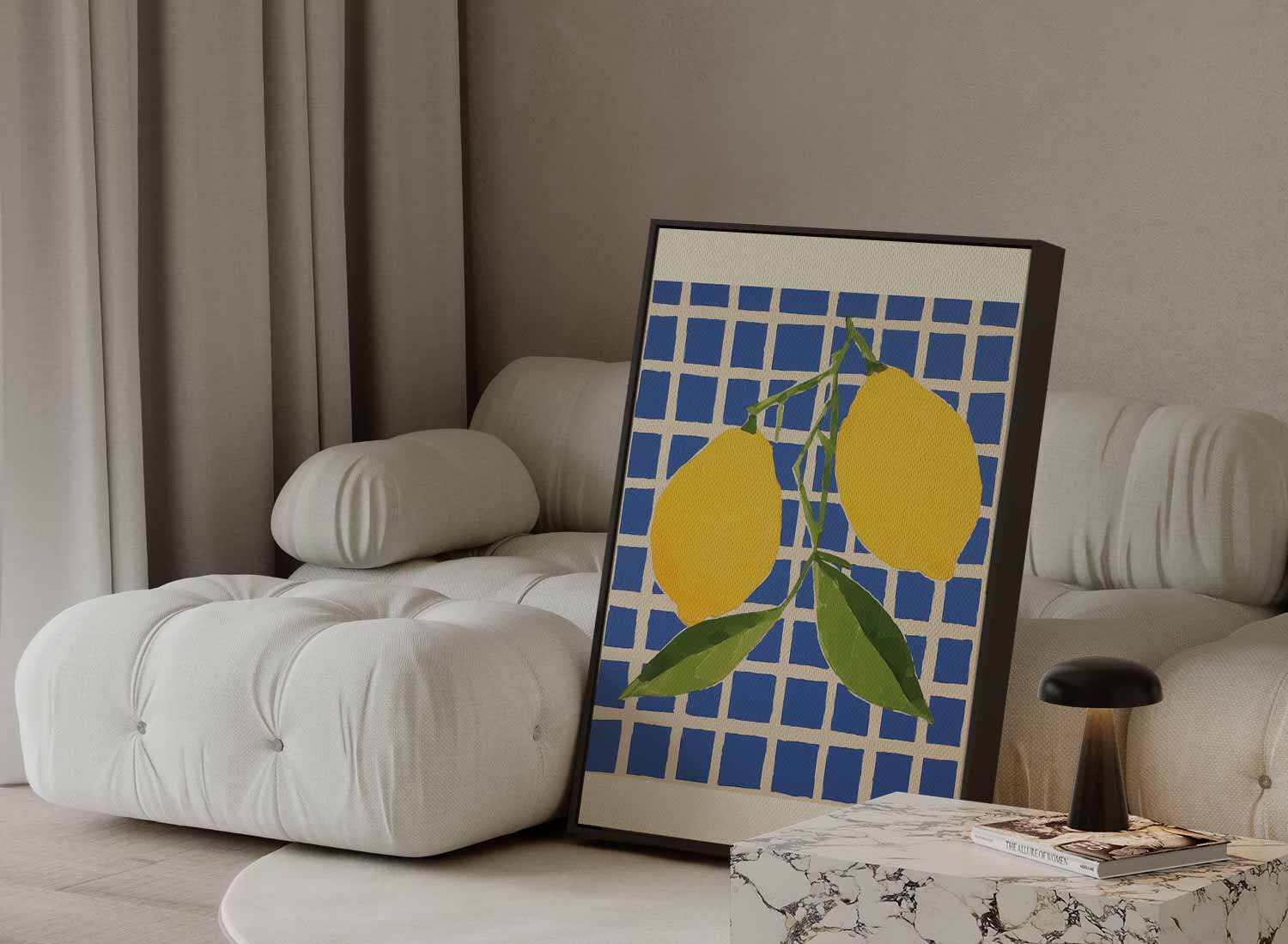 Citroenen op Blauw Geruit Kunstwerk-canvas-dibond-plexiglas-wanddecoratie-WallArtistic