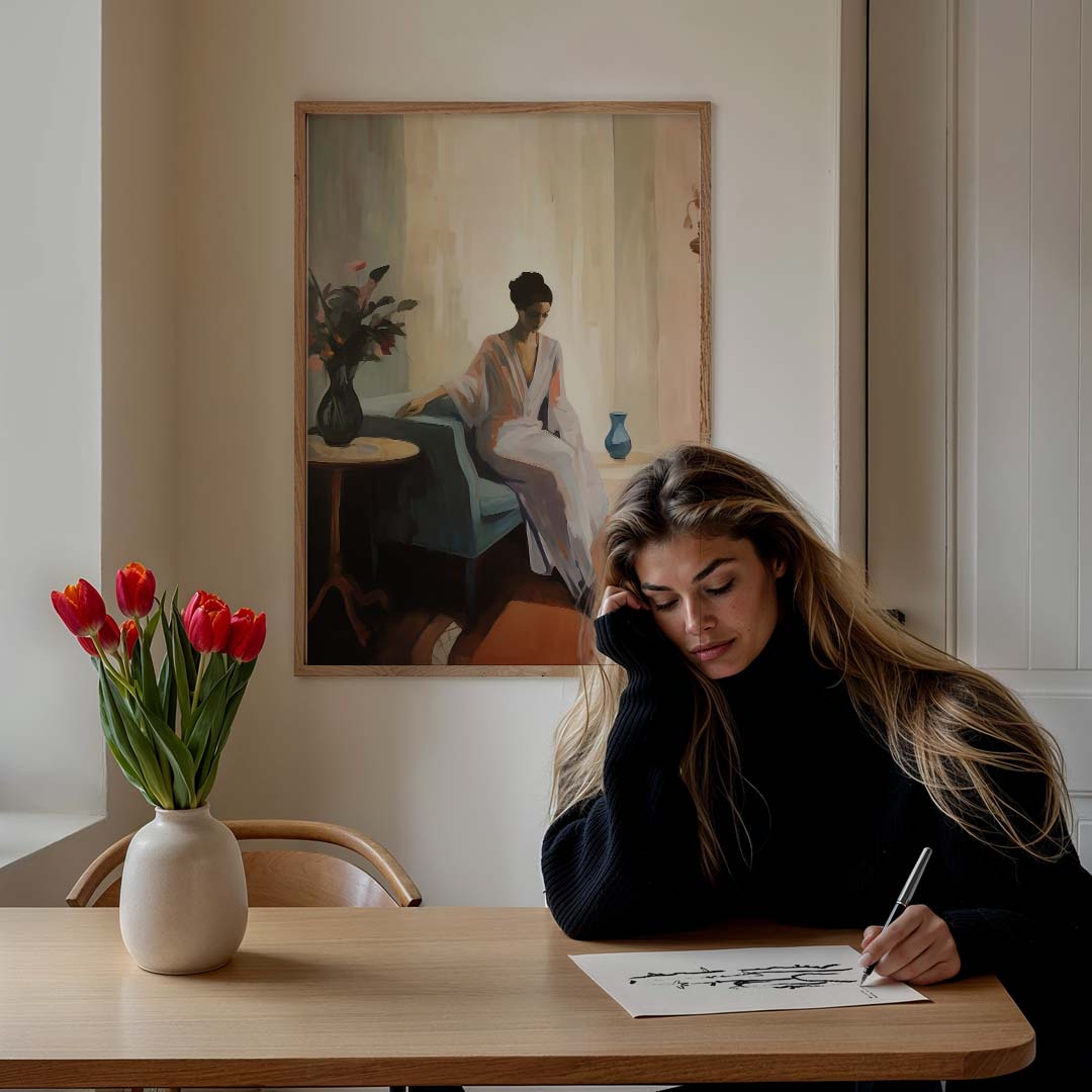 Stijlvolle vrouw in rustige ruimte Poster-WallArtistic