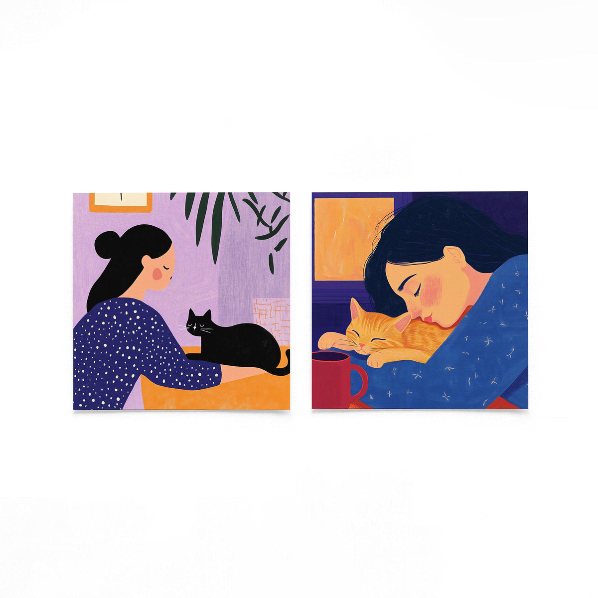 Twee vierkante posters met vrouw en katten op een gebroken witte achtergrond