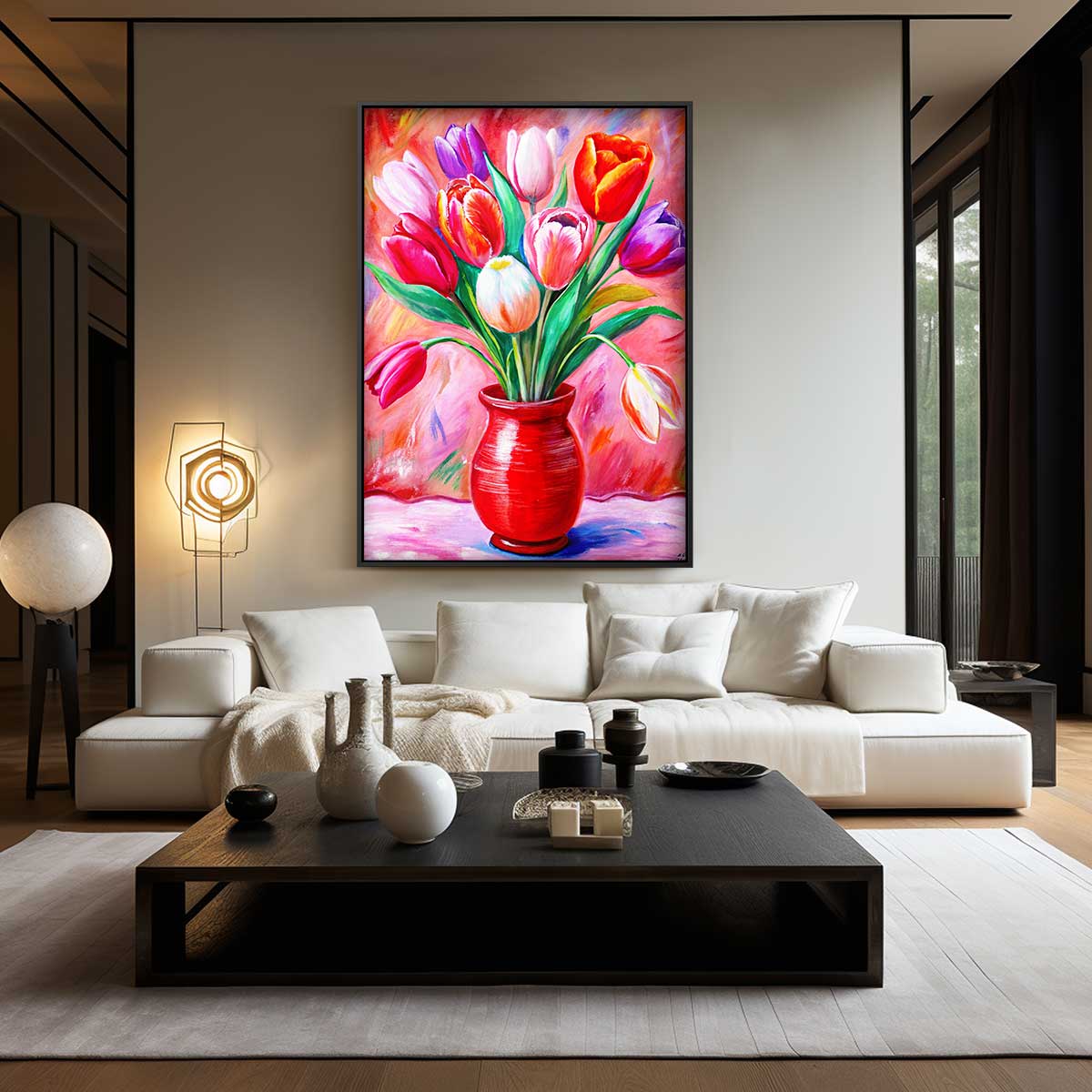 Kleurrijke Tulpen in Rode Vaas Kunstwerk-canvas-dibond-plexiglas-wanddecoratie-WallArtistic