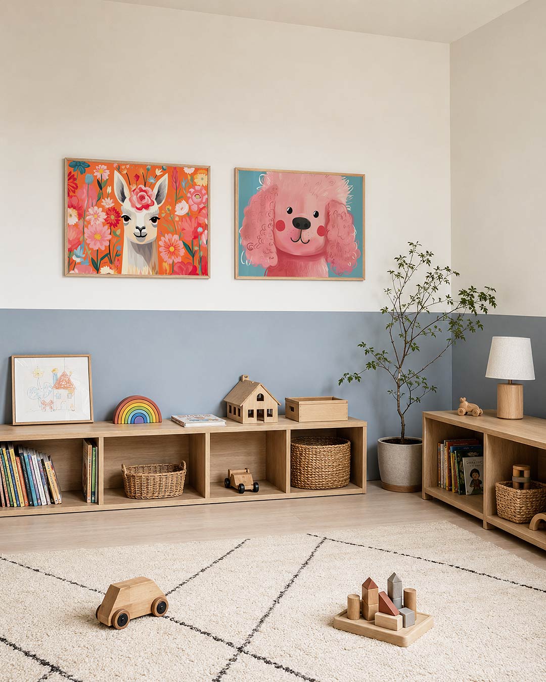 Tweedelige posterset met een vrolijke lama omringd door kleurrijke bloemen, getoond in een interieur