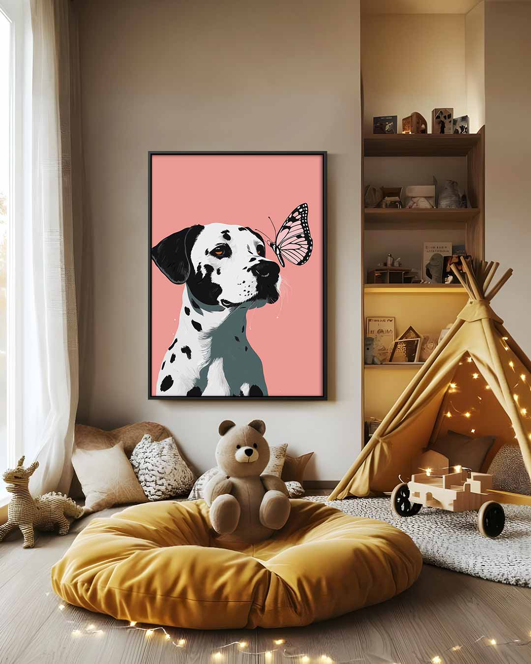 Dalmatier en Vlinder Vriendschap Kunstwerk-canvas-dibond-plexiglas-wanddecoratie-WallArtistic