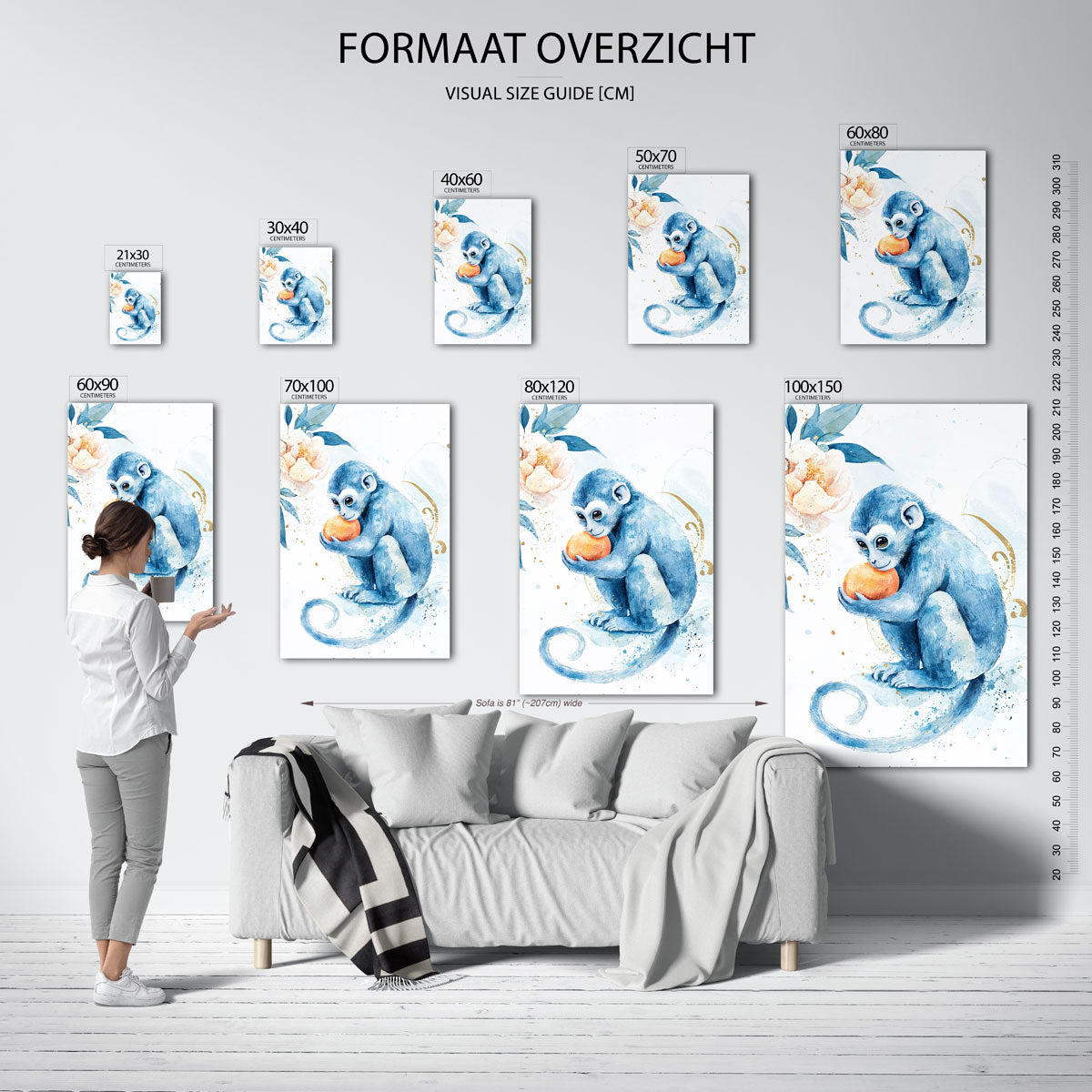 Blauwe aap met sinaasappel Poster