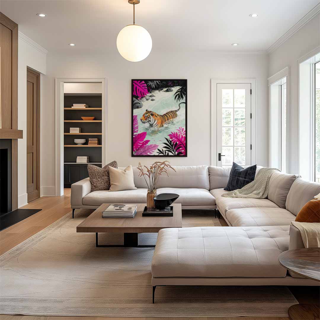 Tijger in Kleurrijke Jungle Kunstwerk-canvas-dibond-plexiglas-wanddecoratie-WallArtistic