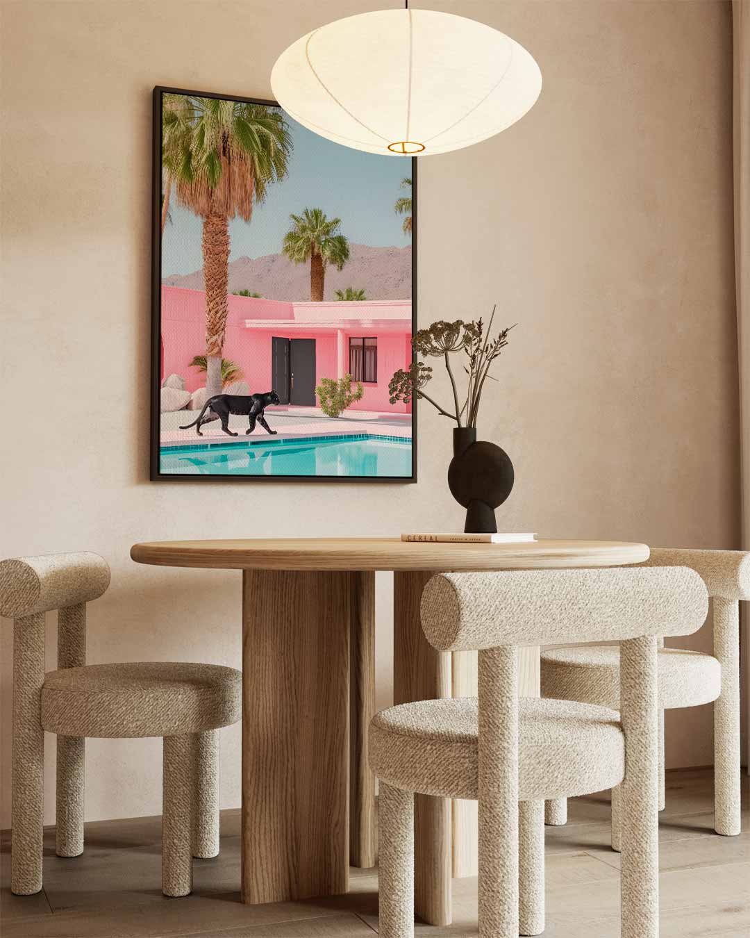 Zwervende Panter bij Roze Oase Kunstwerk-canvas-dibond-plexiglas-wanddecoratie-WallArtistic